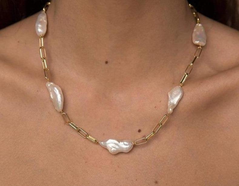 Baroque Brass Freshwater Pearl & Chain Necklace … Blonder Mercantile